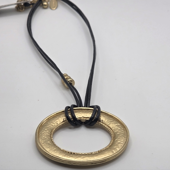 Chico’s Gold Tone Circle Pendant Necklace Black Cord - Picture 6 of 6
